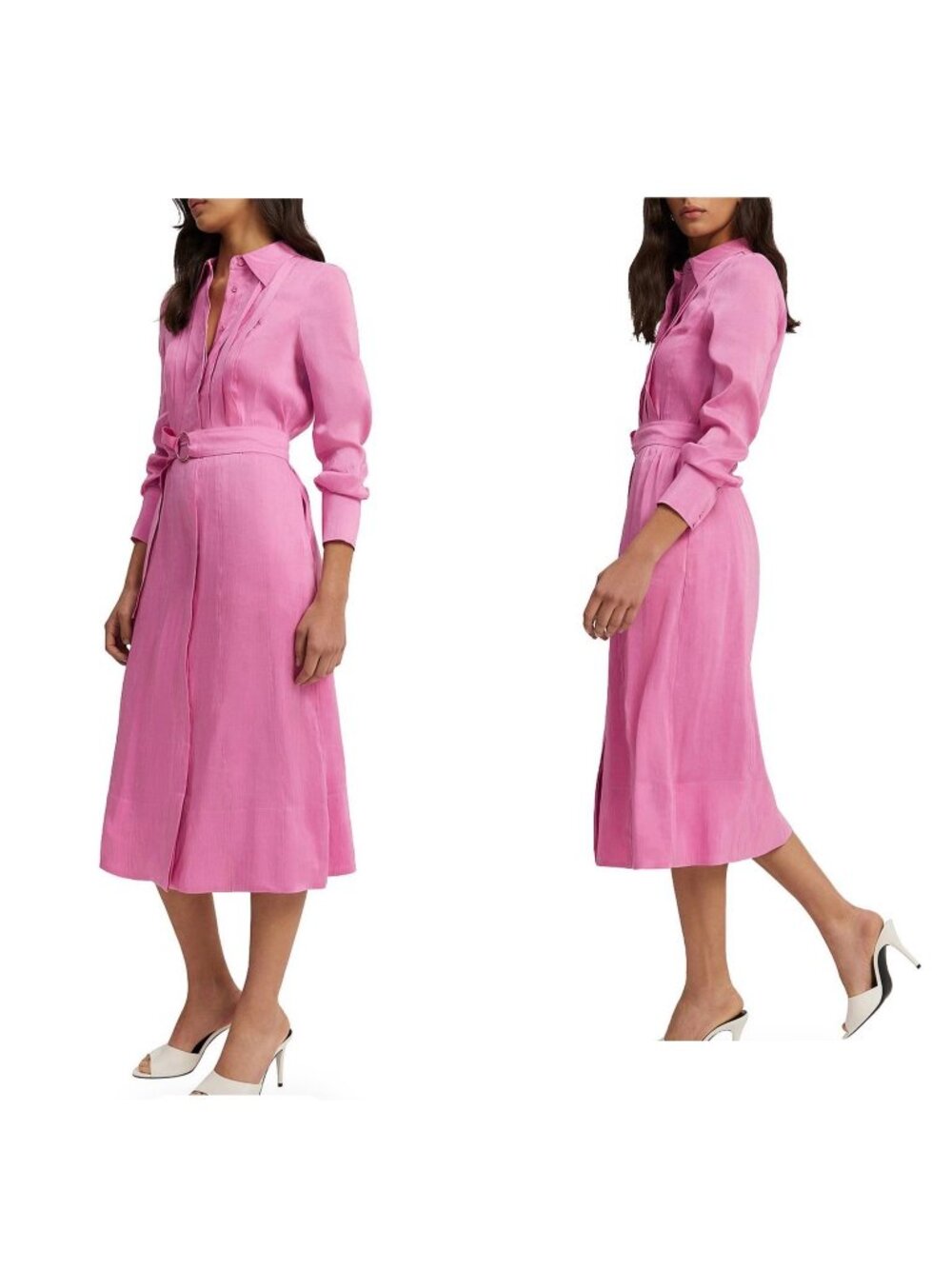 Country Road Tuxedo Linen Silk Midi Dress 8 Pink Button Down Pleated Old Money